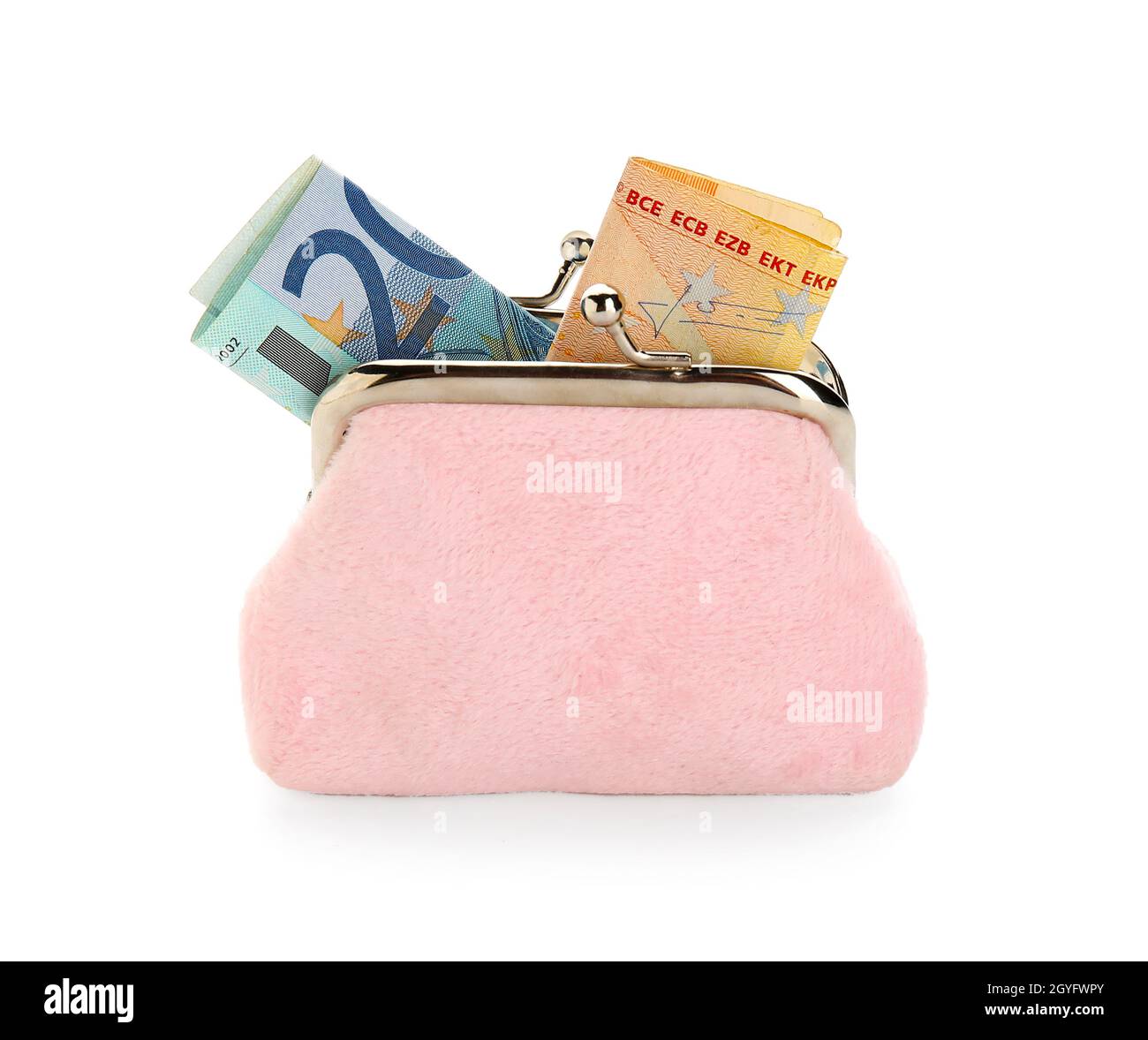 Pink wallet with banknotes on white background Stock Photo - Alamy