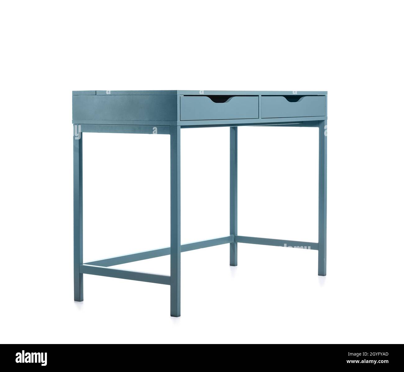 Empty Blue Back Table Empty blue table with drawers on white background Stock Photo - Alamy