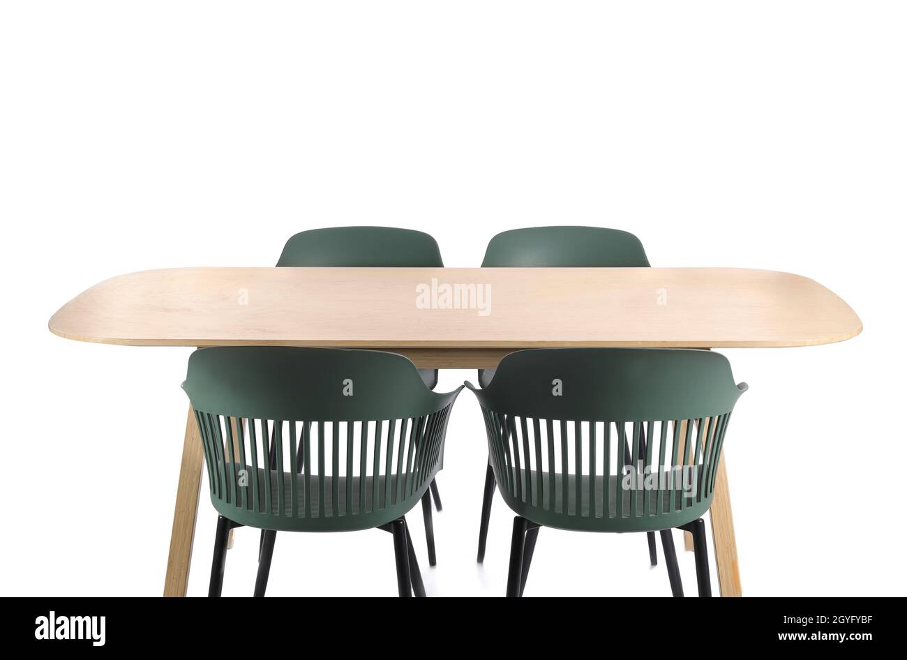 Empty dining table with modern chairs on white background Stock Photo ...