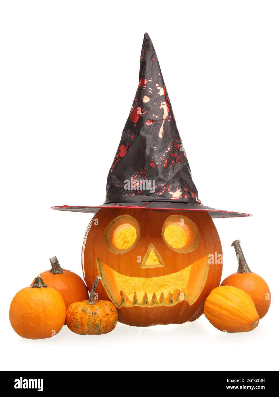 Carved and whole pumpkins for Halloween on white background Stock Photo ...
