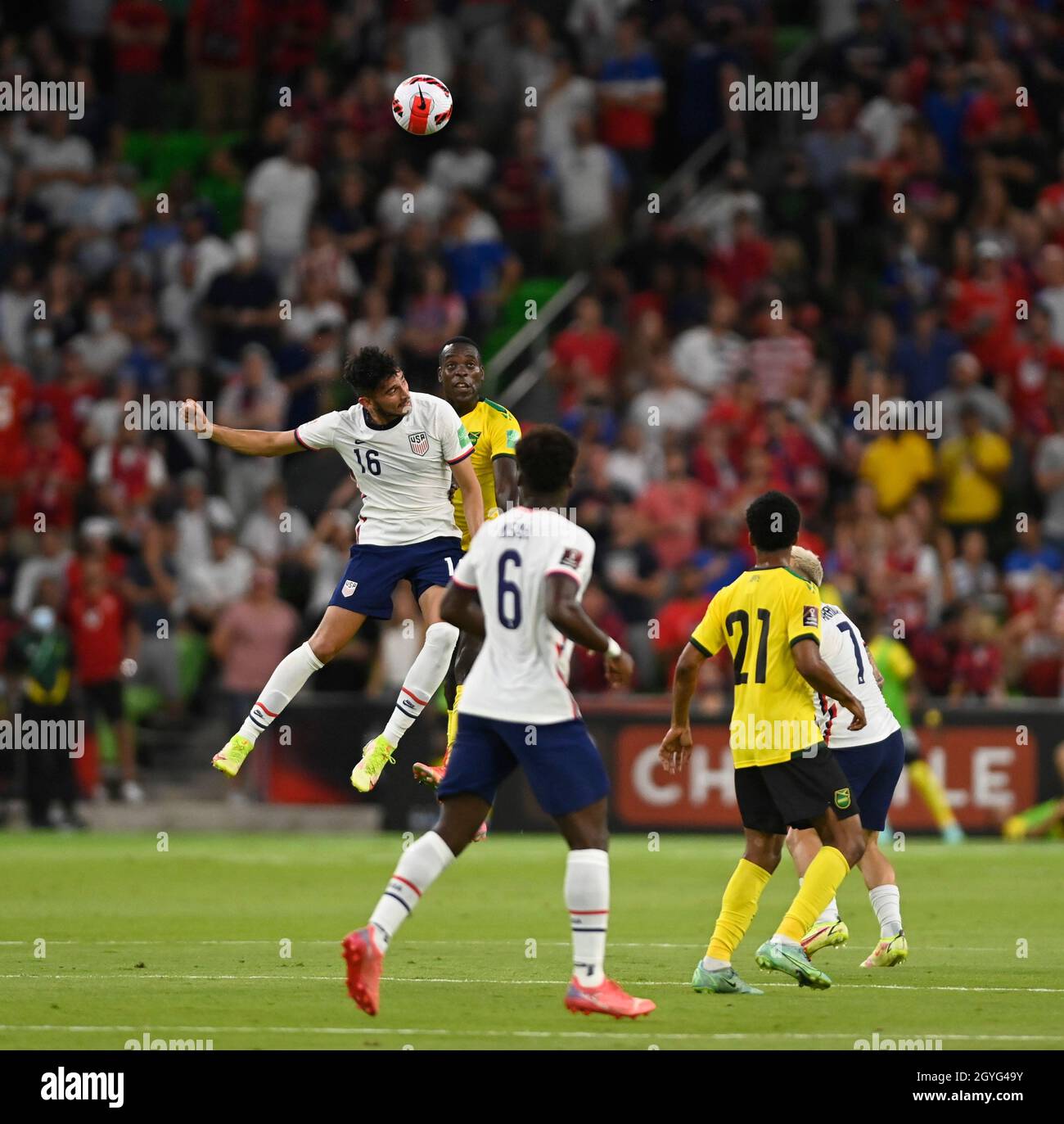 Texas, USA. Oct 7th 2021: USA's #16 RICARDO PEPI (16) and Jamaica's ADRIAN MARIAPAPPA (19) battle with a header in the first half the U.S. Men's National Team (UNMNT) soccer match at Austin's Q2 Stadium. The series is a World Cup qualifier. Credit: Bob Daemmrich/Alamy Live News Stock Photo