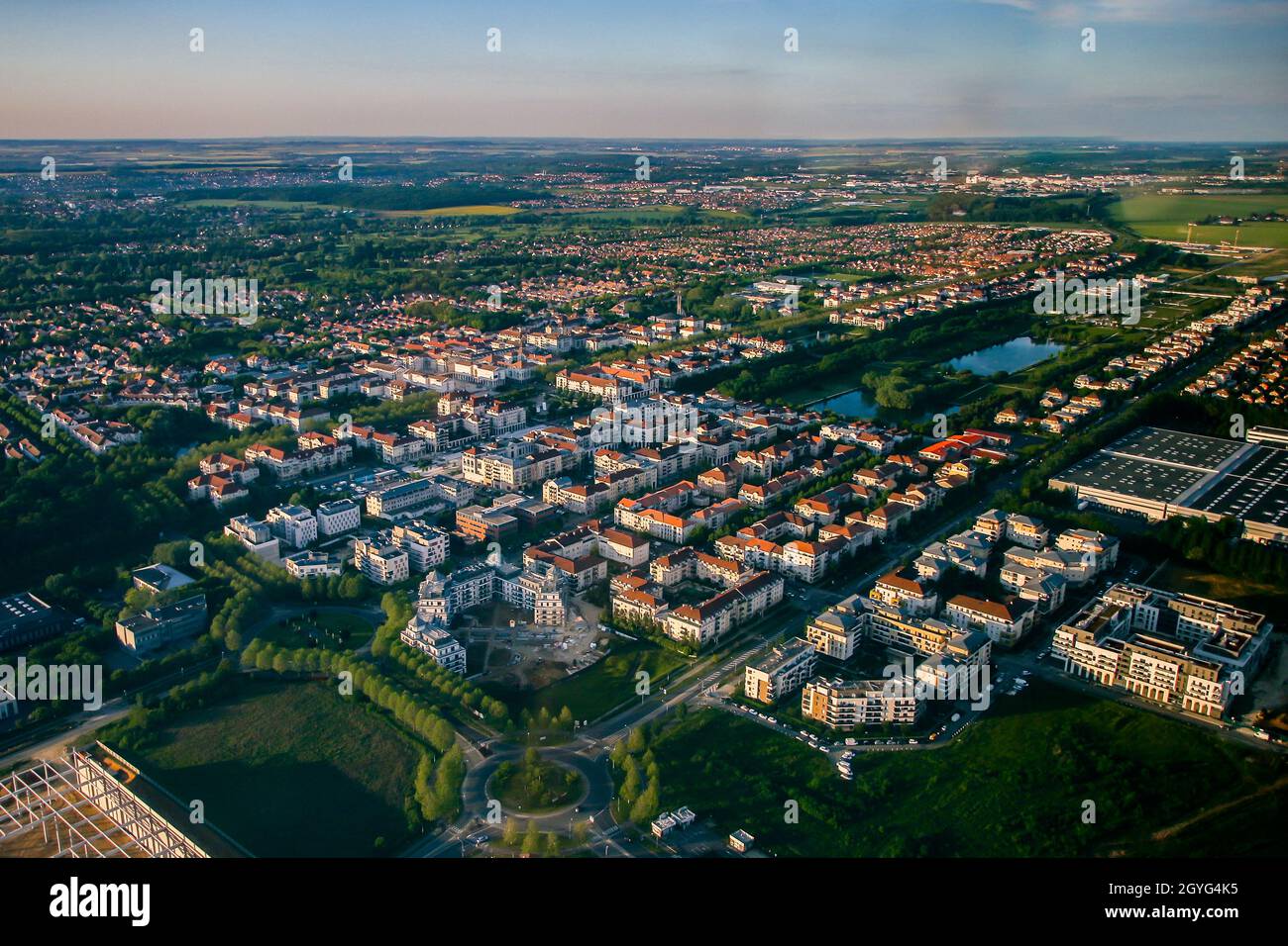 Aerial view of Bussy Saint Georges, an eastern suburb of Paris in the new city of Marne La Vallée - Planned community with a grid street plan Stock Photo