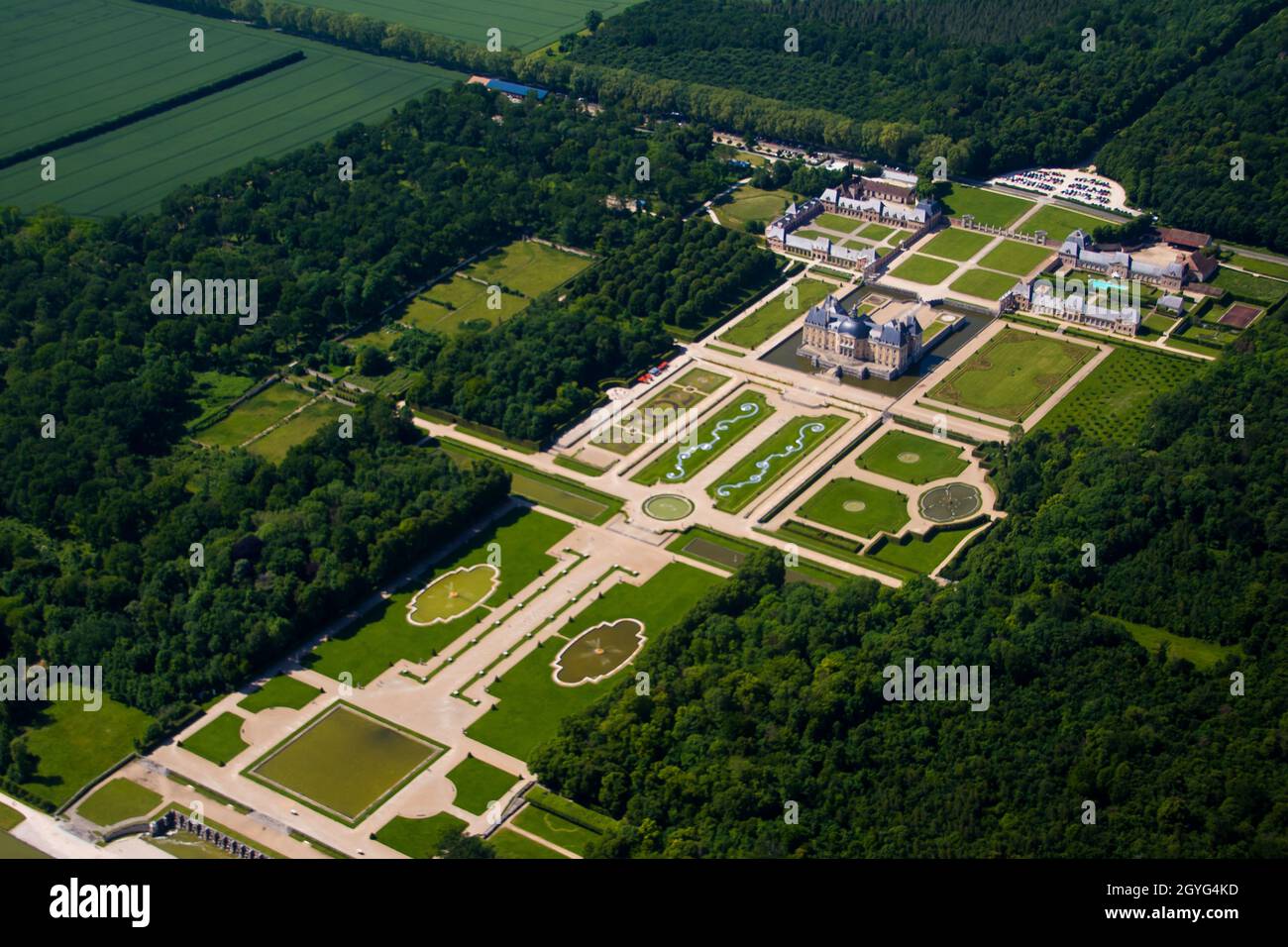 Aerial view of the castle and gardens of Vaux le Vicomte near Paris and Melun in Seine et Marne, France - Classic palace built by Nicolas Fouquet, sup Stock Photo