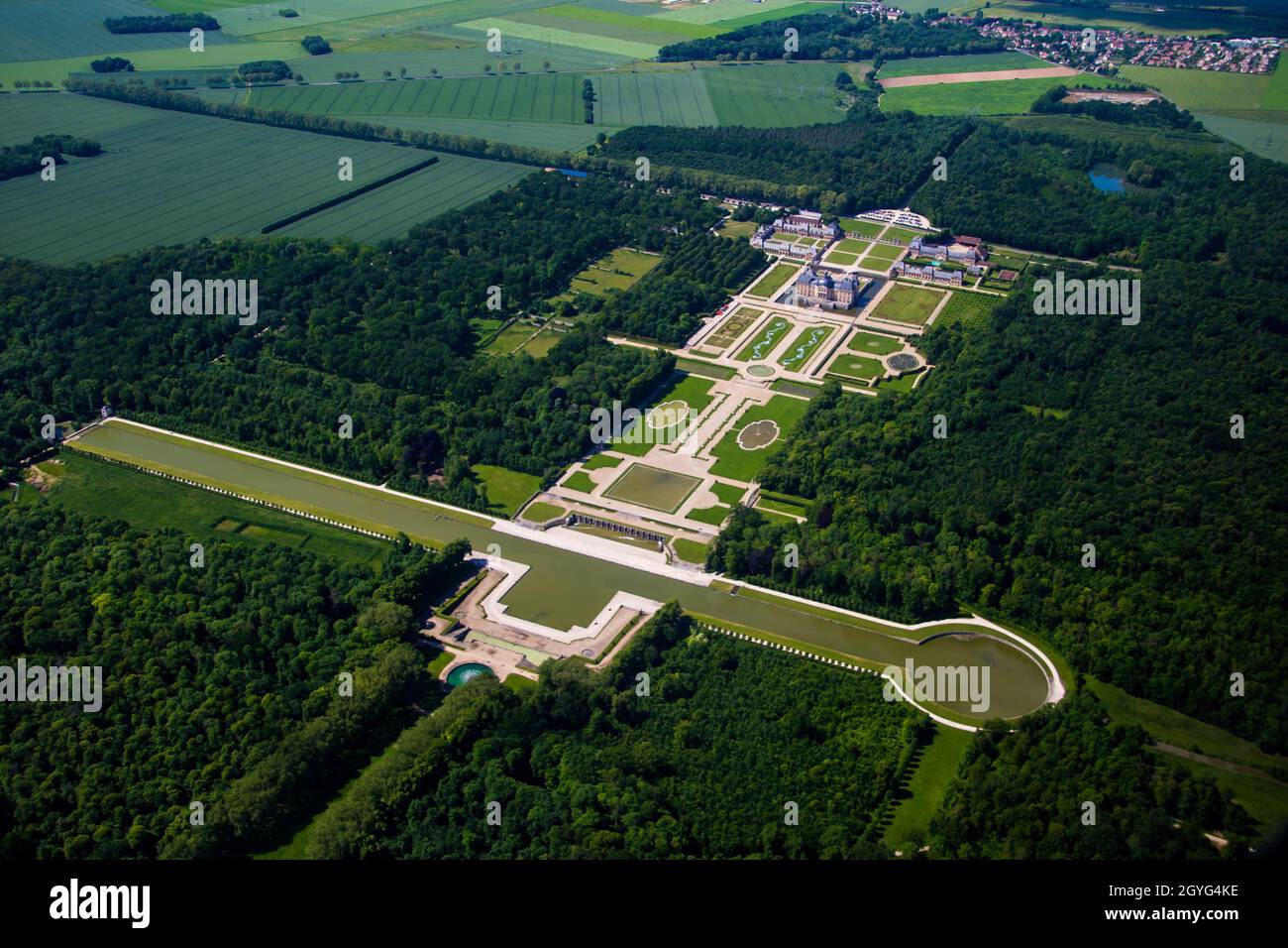 Aerial view of the castle and gardens of Vaux le Vicomte near Paris and Melun in Seine et Marne, France - Classic palace built by Nicolas Fouquet, sup Stock Photo