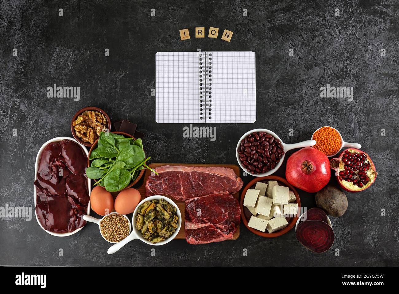 Foods high in Iron, including eggs, spinach, beans, tofu, liver, beef