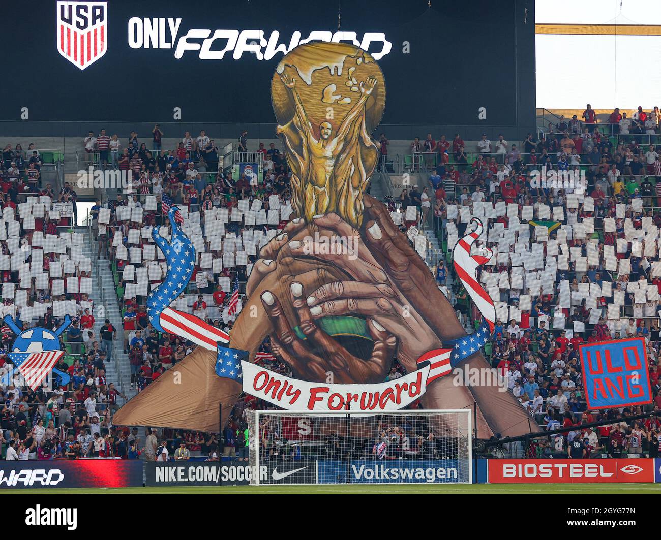 October 7, 2021: A tifo is raised before the start of a FIFA World Cup  qualifier between the United States and Jamaica on October 7, 2021 in  Austin, Texas. USA won 2-0 (