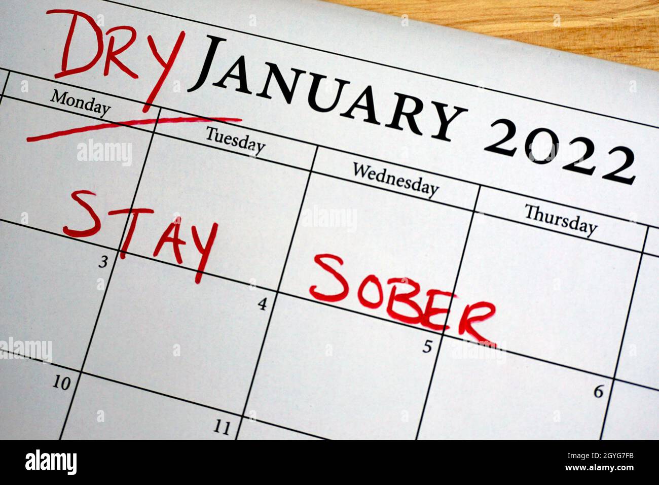 Calendar reminder for Dry January - a month of sobriety to start the New Year. Stock Photo