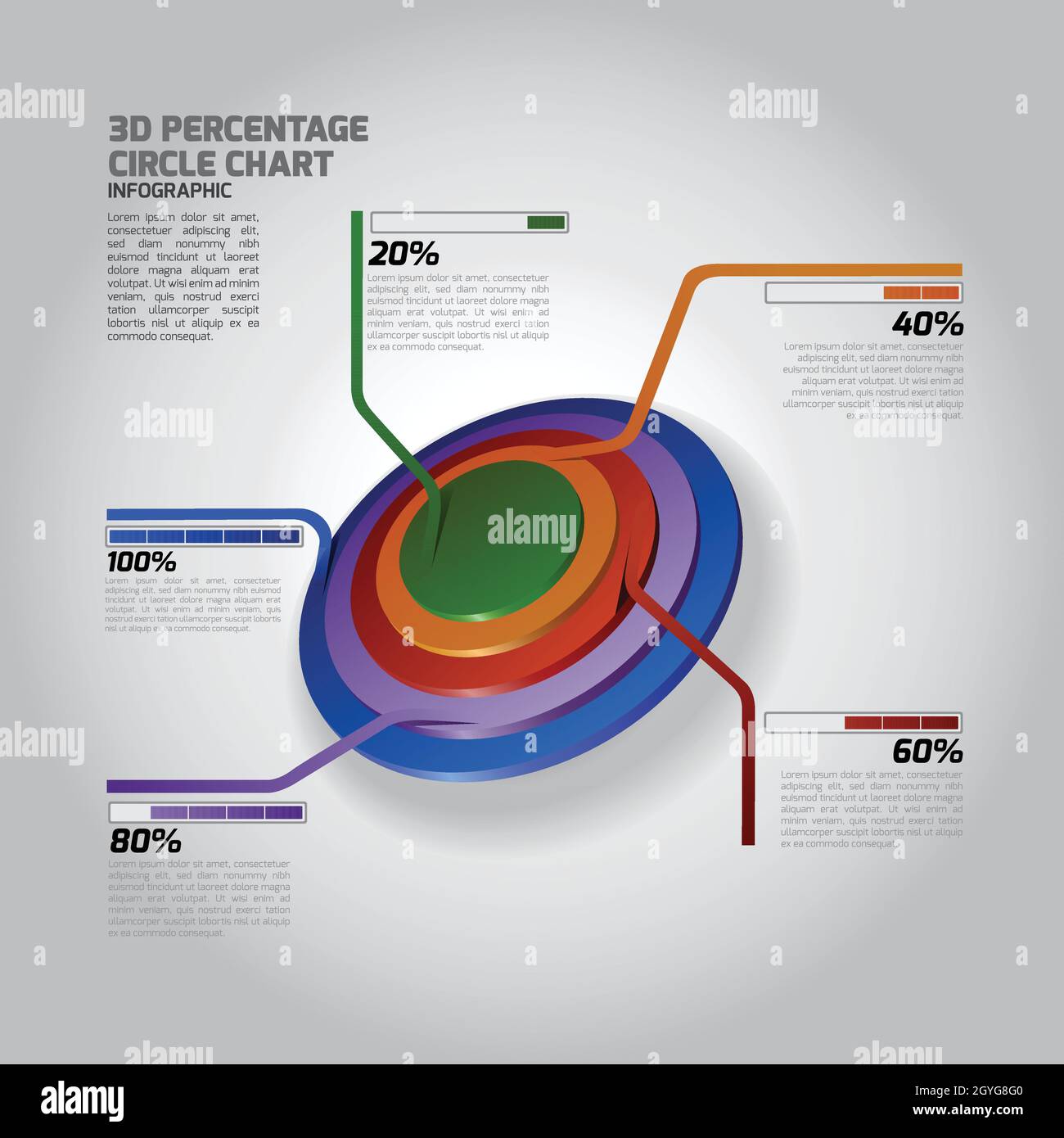 Vector 3D Persentage Circle Chart Infographics with presentation icons collection. Fully editable vector based Infographic elements. Stock Vector
