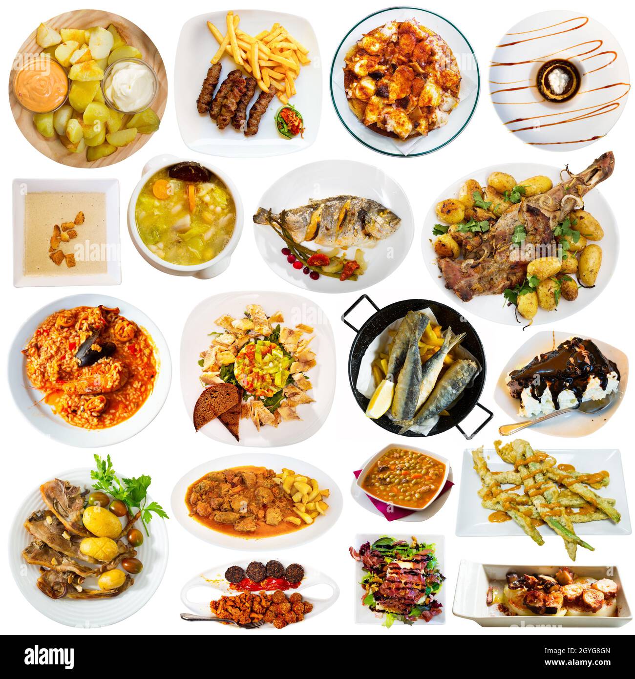 Set of Spanish cuisine dishes at plates isolated Stock Photo Alamy