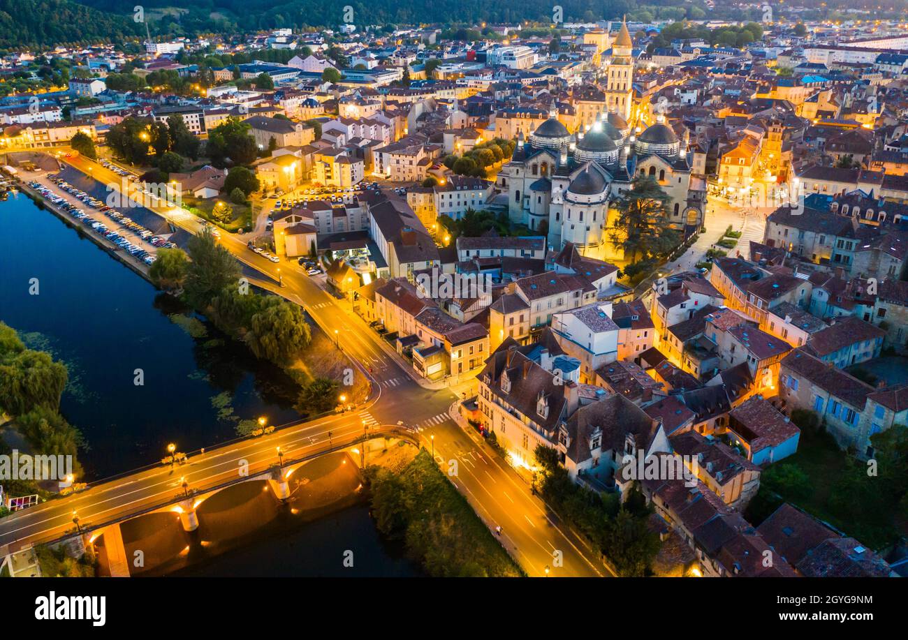 Aerial view of Perigueux city illuminated at night, Perigord Blanc ...