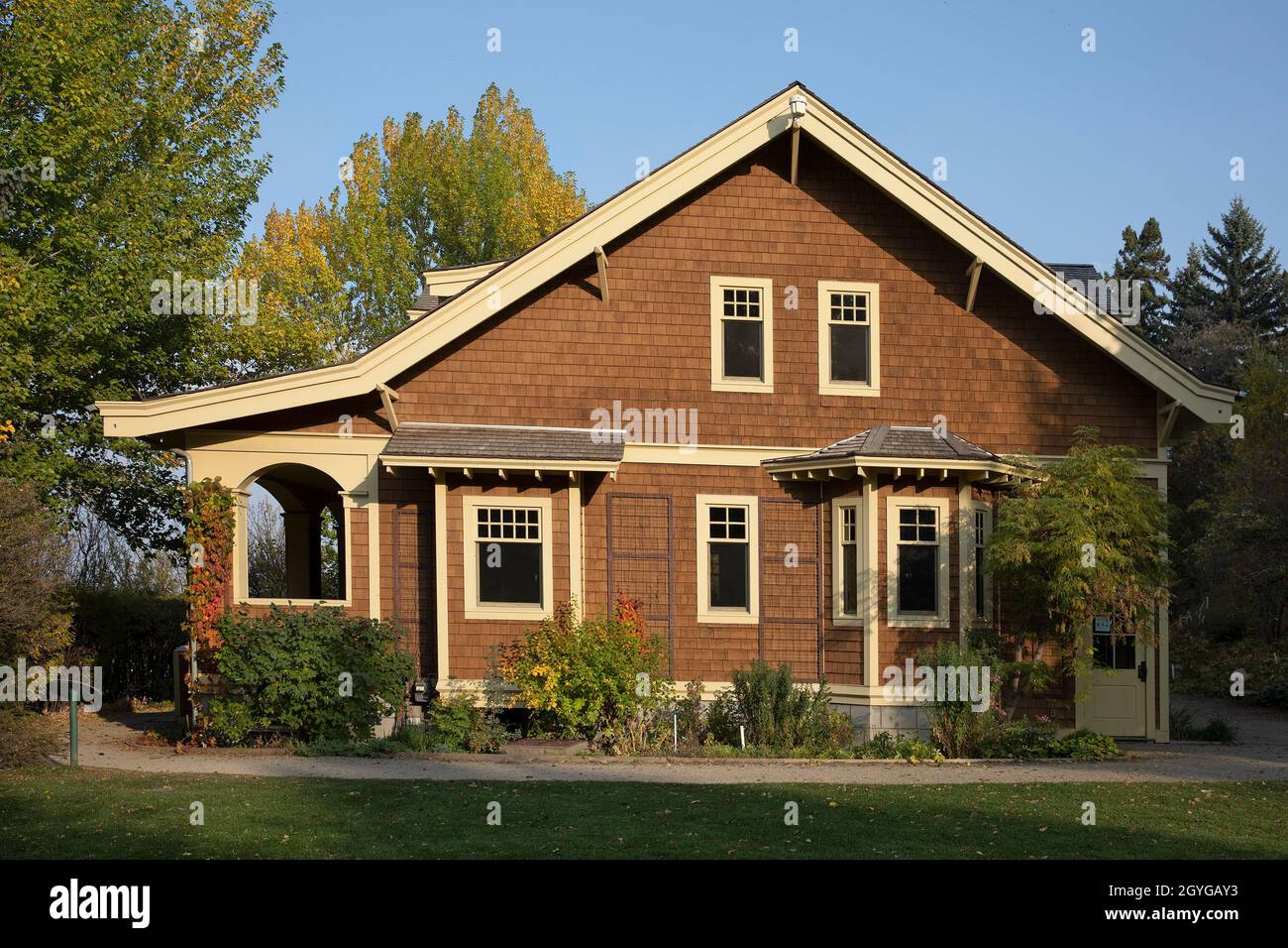 Arts and Crafts style house at the Reader Rock Garden Historic Park, a provincial and national historic site named for William Roland Reader, Calgary Stock Photo