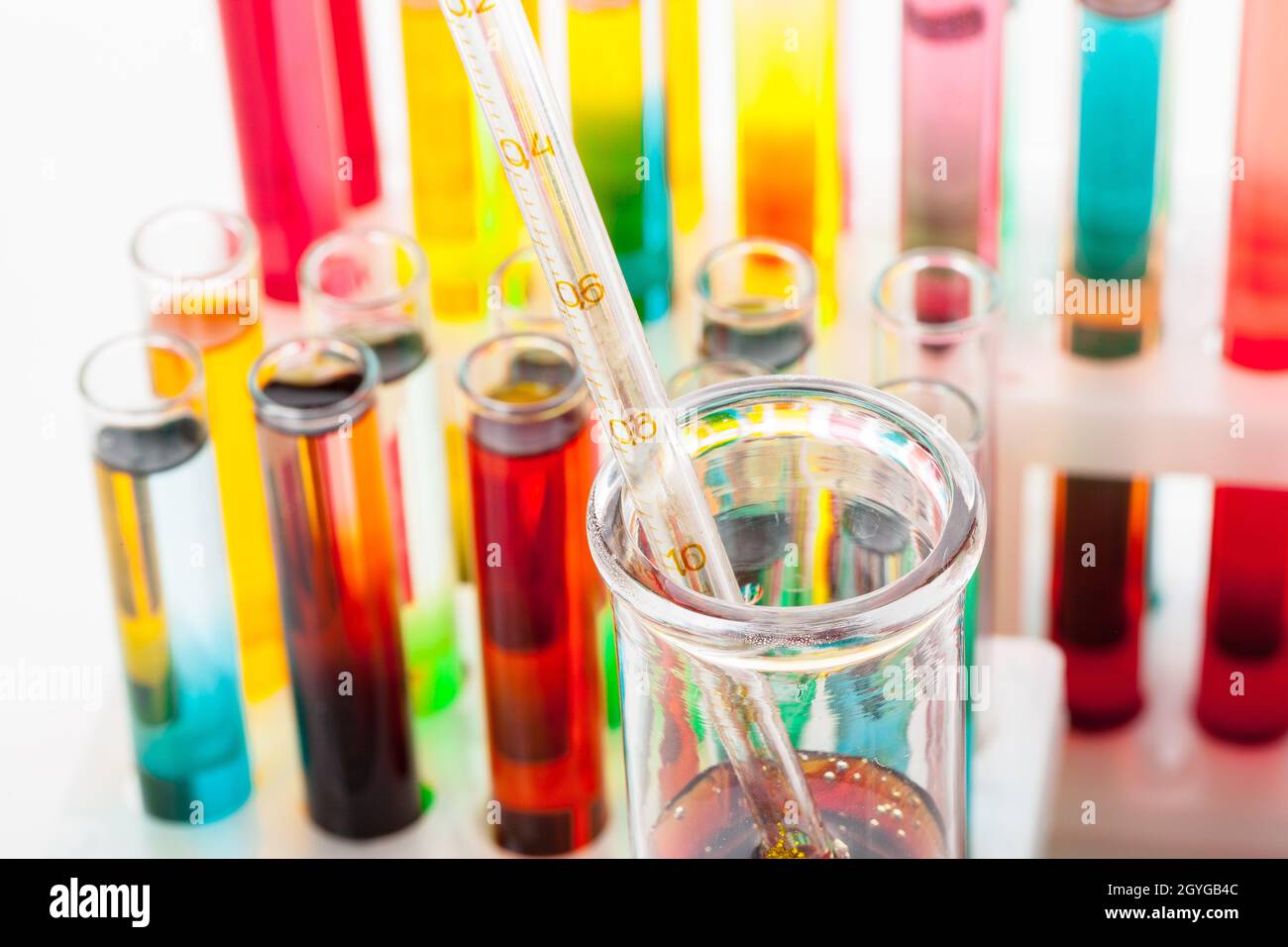 Test tubes with colorful chemicals close up in laboratory Stock Photo ...