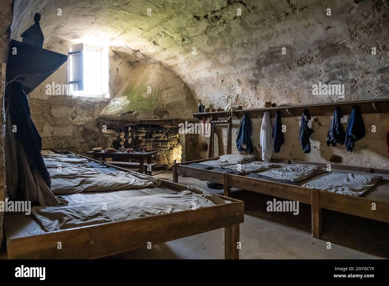 Spanish guard room at Castillo de San Marcos, the oldest masonry fort in the continental United States, in historic St. Augustine, Florida. (USA) Stock Photo