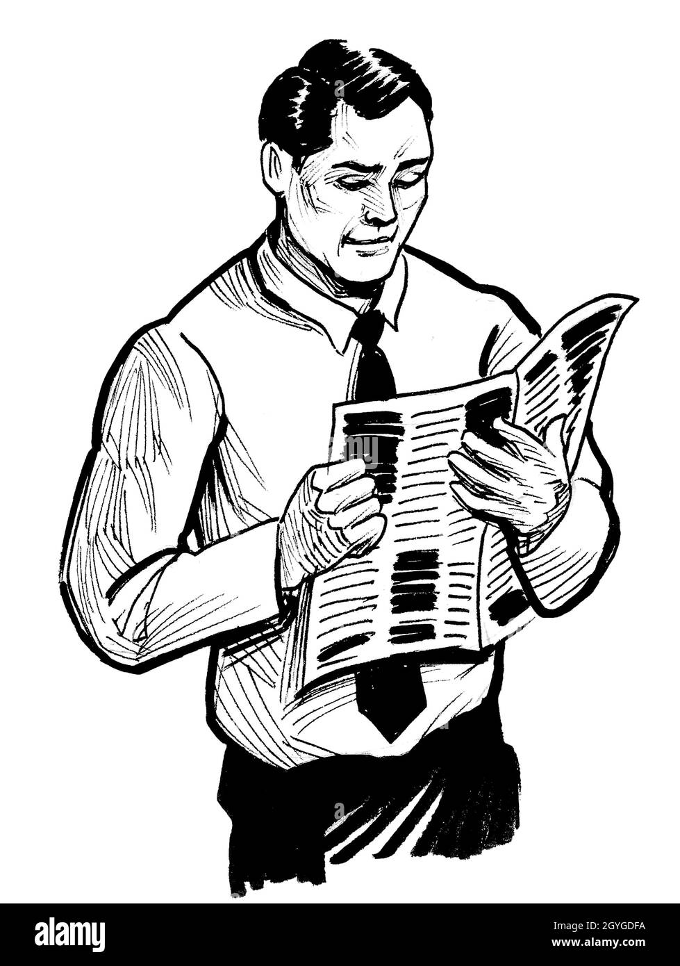 Businessman reading a newspaper. ink black and white drawing Stock