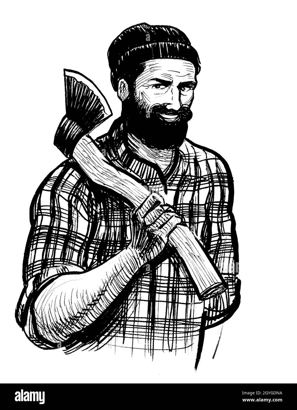 Canadian lumberjack with axe. Ink black and white drawing Stock Photo -  Alamy