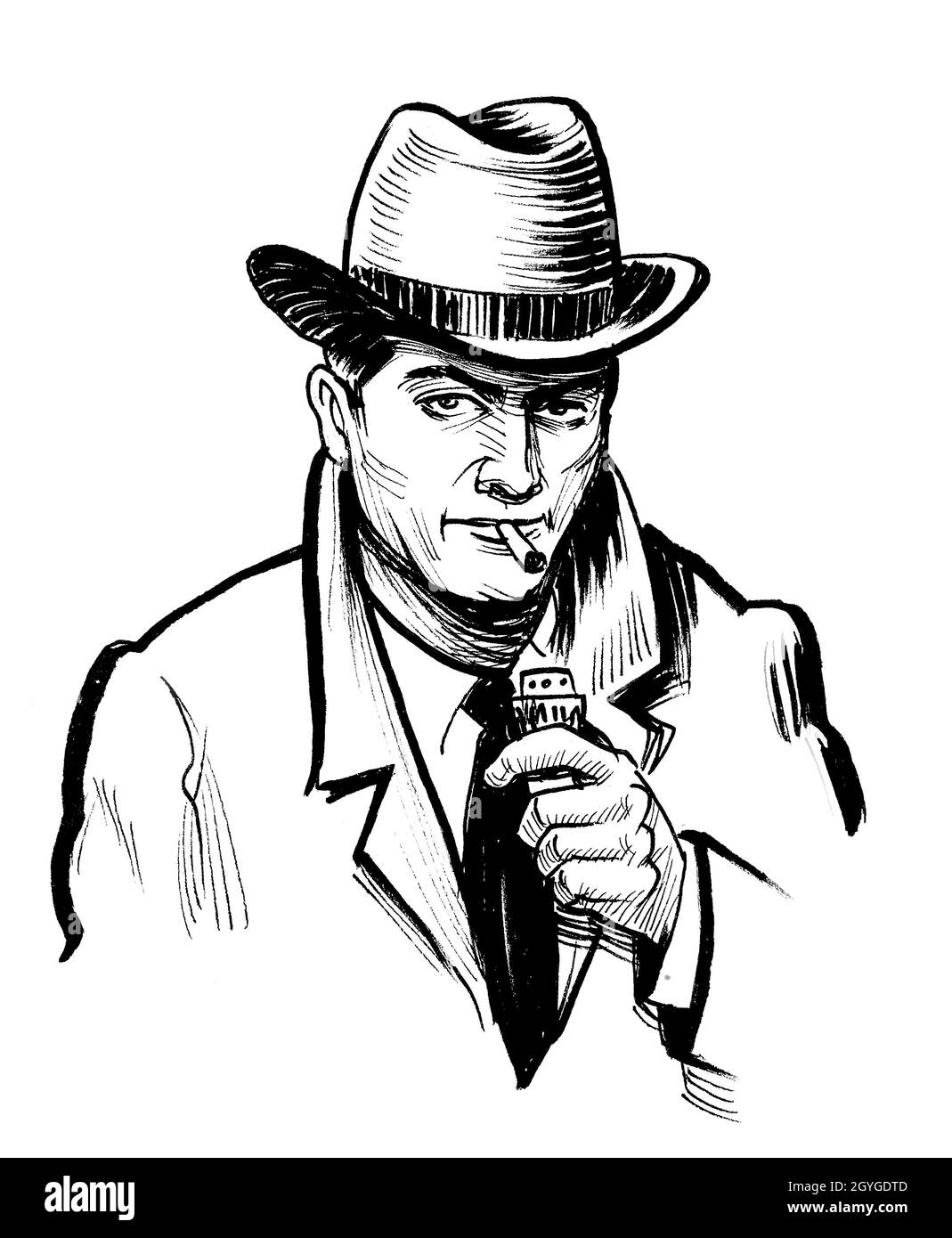 Handsome man lighting a cigarette. ink black and white drawing Stock