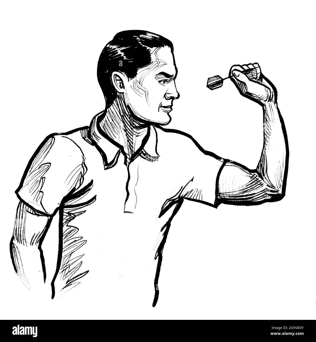 Man throwing dart arrow. ink black and white drawing Stock Photo