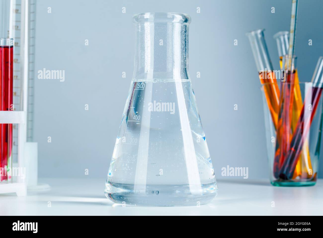 Test tubes with colorful chemicals close up in laboratory Stock Photo ...