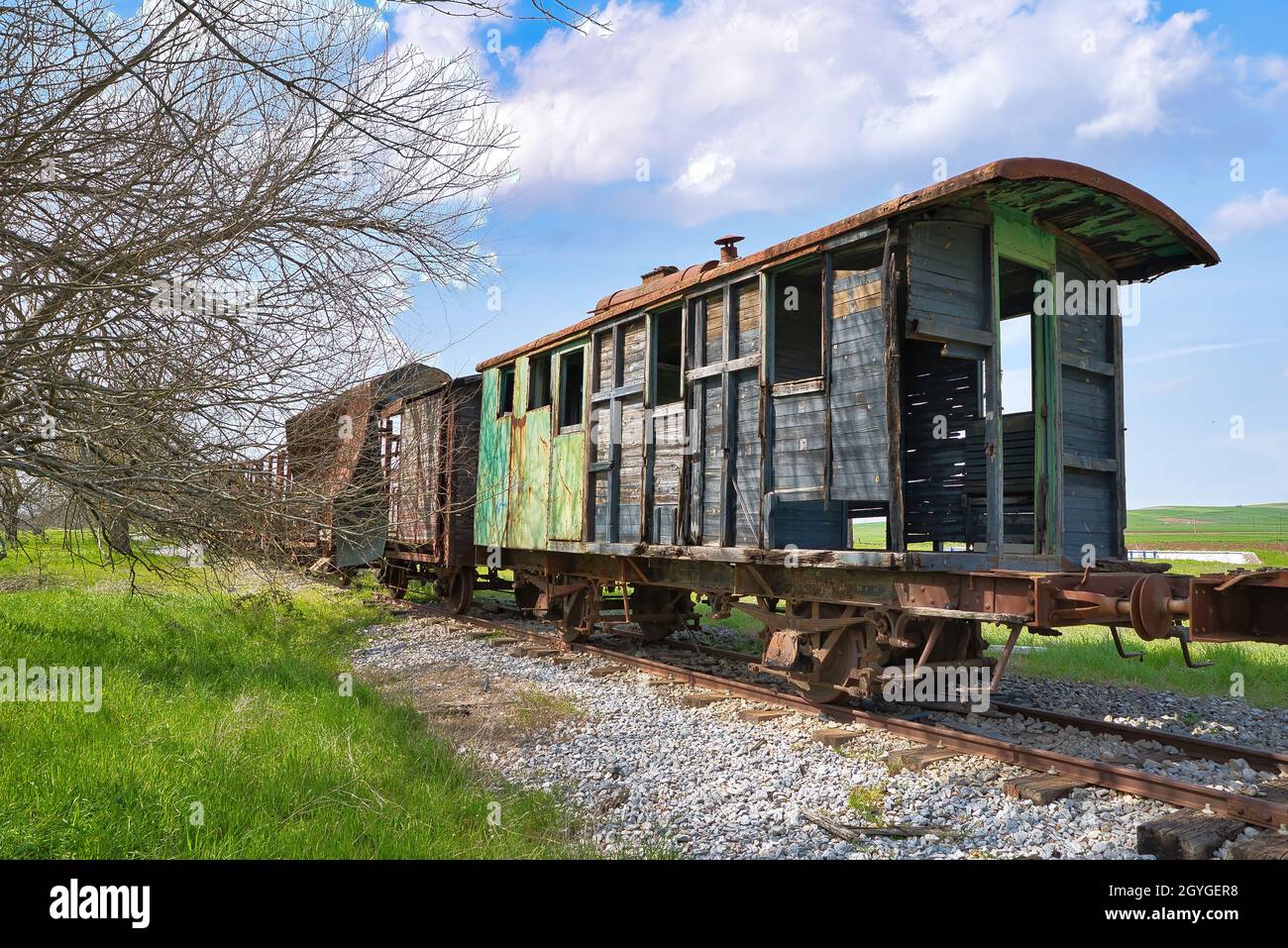 old railway wagons at station,Abandoned old train wagons in an abandoned Stock Photo