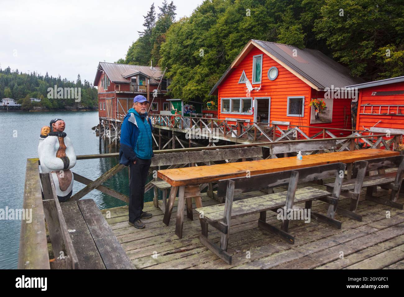 The SALTRY restaurant in HALIBUT COVE is reached by a 1 hour boat ride from HOMER, ALASKA. Stock Photo