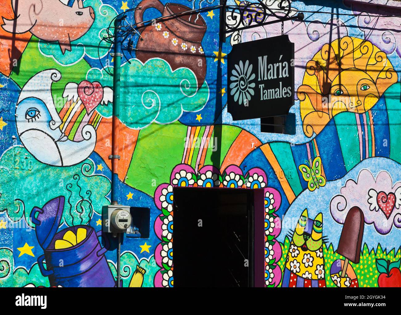 A mural above the Maria Tamales restaurant restaurant in TLAQUEPAQUE GUADALAJARA, MEXICO Stock