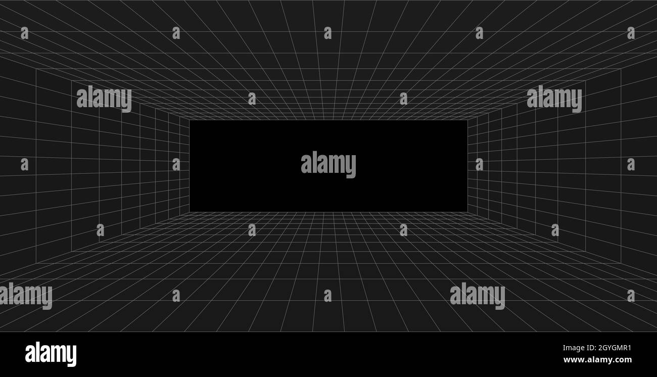 Grid perspective black room. Gray wireframe background. Digital cyber box technology model. Vector abstract architectural template Stock Vector