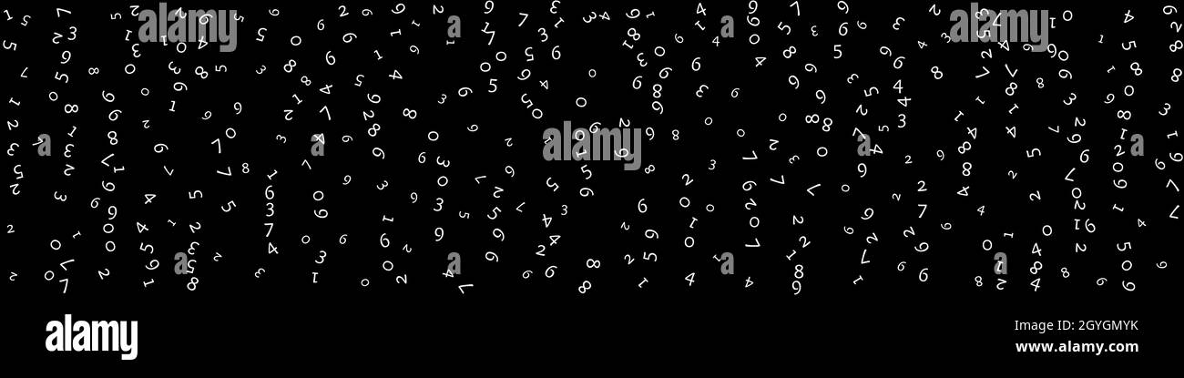 Falling numbers, big data concept. Binary white random flying digits. Flawless futuristic banner on black background. Digital vector illustration with Stock Vector