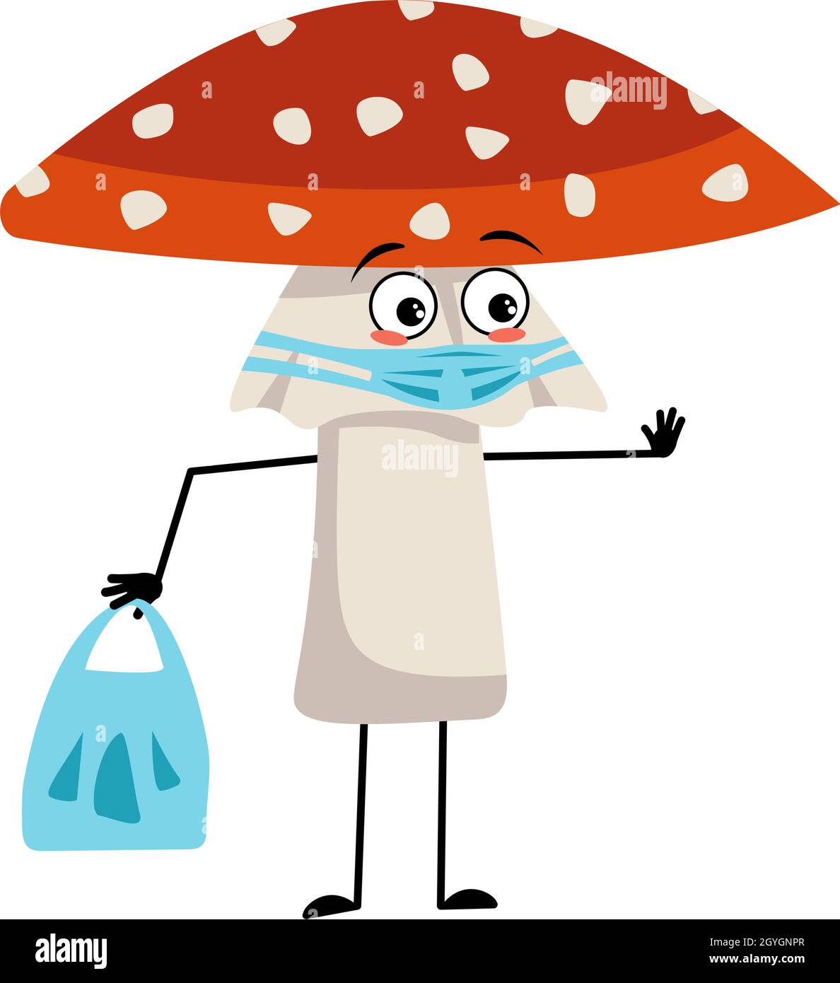 Cute amanita character with sad emotions, face and mask keep distance, hands with shopping bag and stop gesture. Fly Agaric Mushroom from forest with kind expression Stock Vector