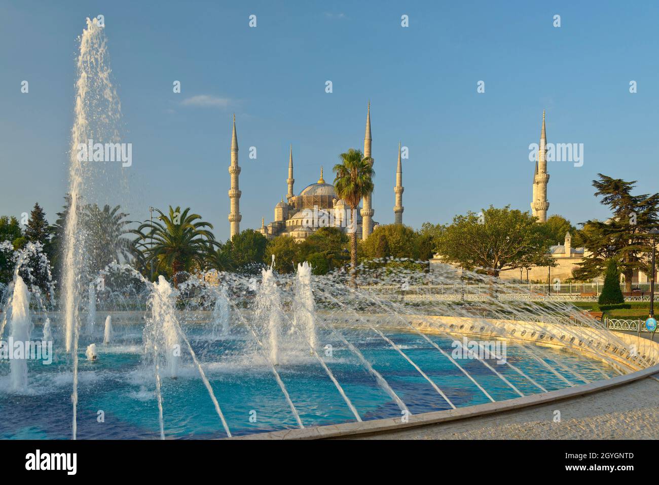TURKEY, ISTANBUL, SULTAN AHMET PARK FOUNTAIN AND BLUE MOSQUE (SULTAN ...