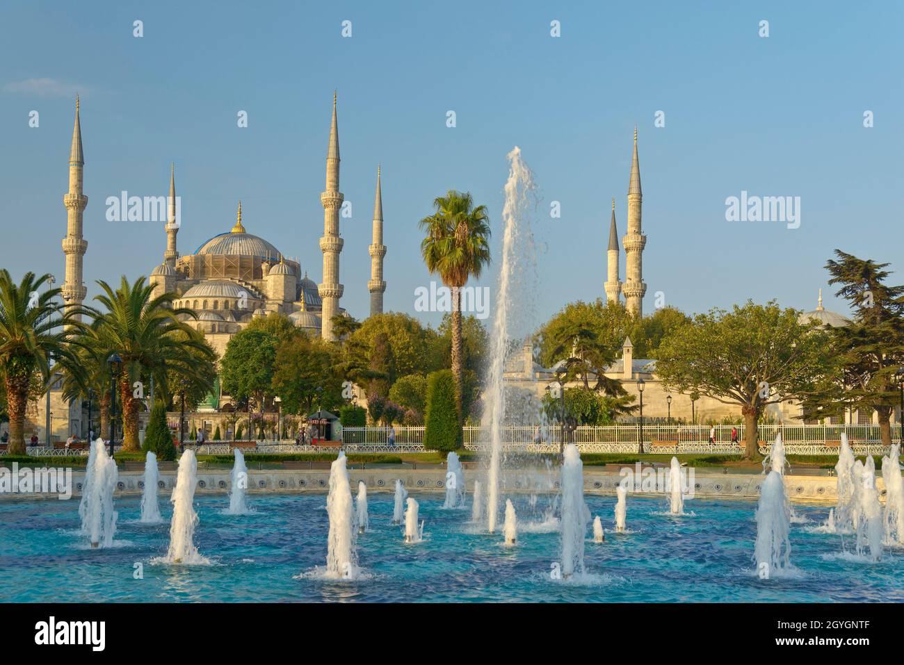 TURKEY, ISTANBUL, SULTAN AHMET PARK FOUNTAIN AND BLUE MOSQUE (SULTAN ...