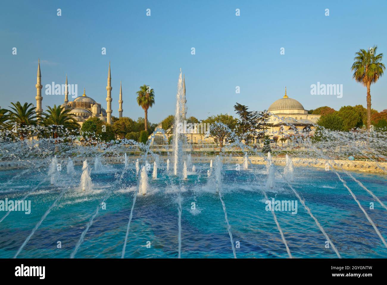 TURKEY, ISTANBUL, SULTAN AHMET PARK FOUNTAIN AND BLUE MOSQUE (SULTAN ...