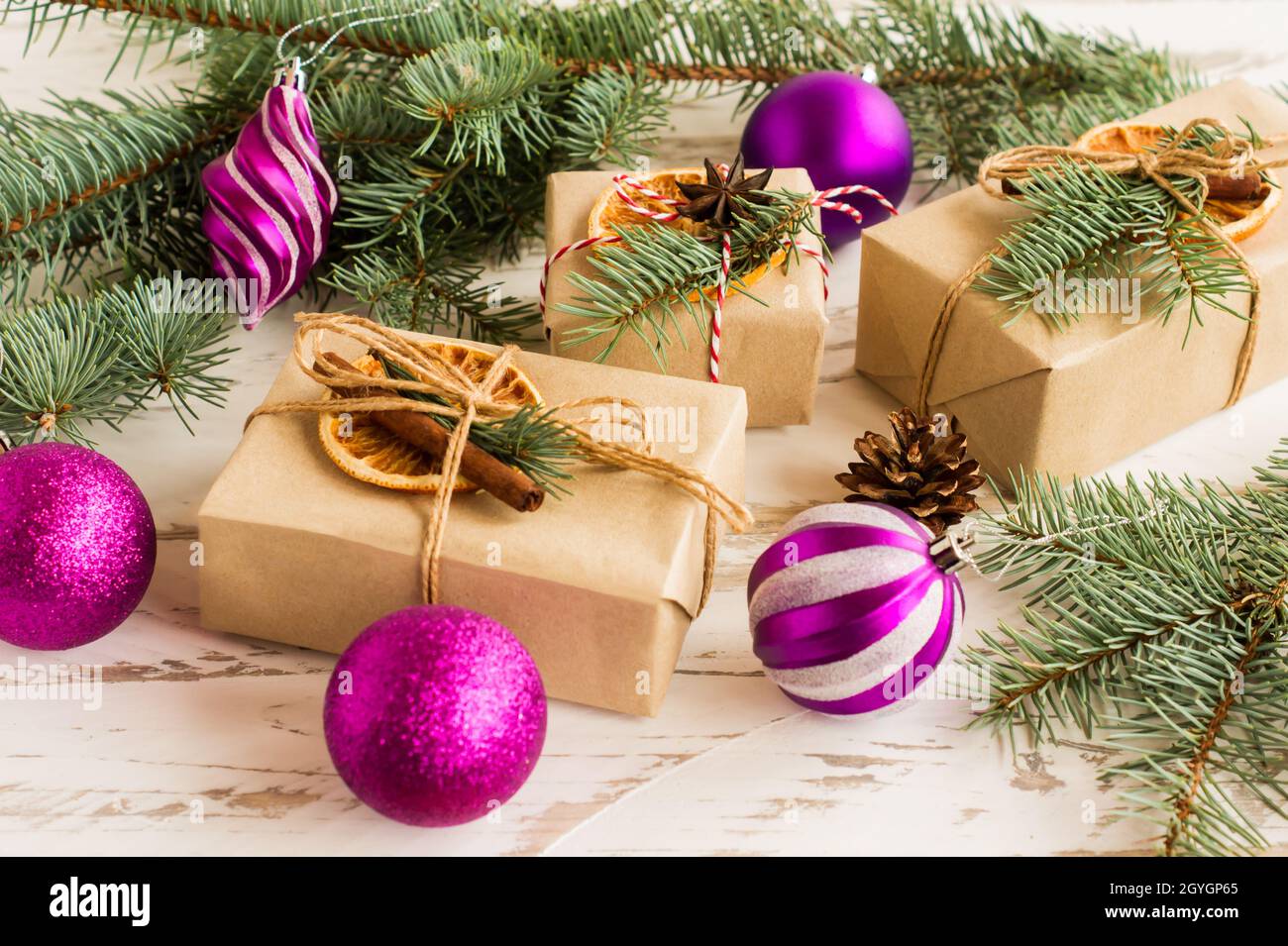 New Year's or Christmas gift boxes with traditional festive organic