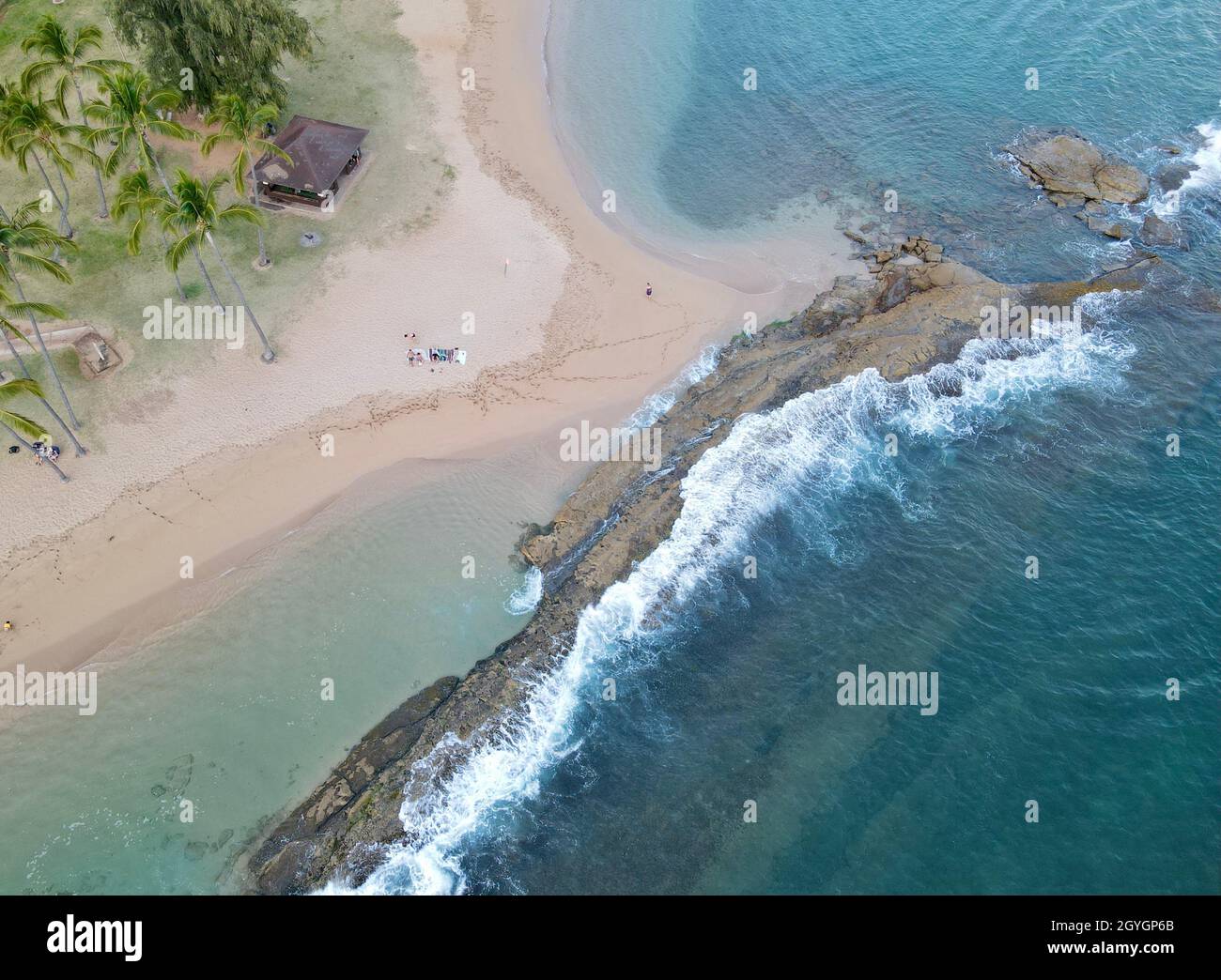 Areal view of Saltpond Beach near Hanapepe. This is a lesser known beach where local families relax. Stock Photo