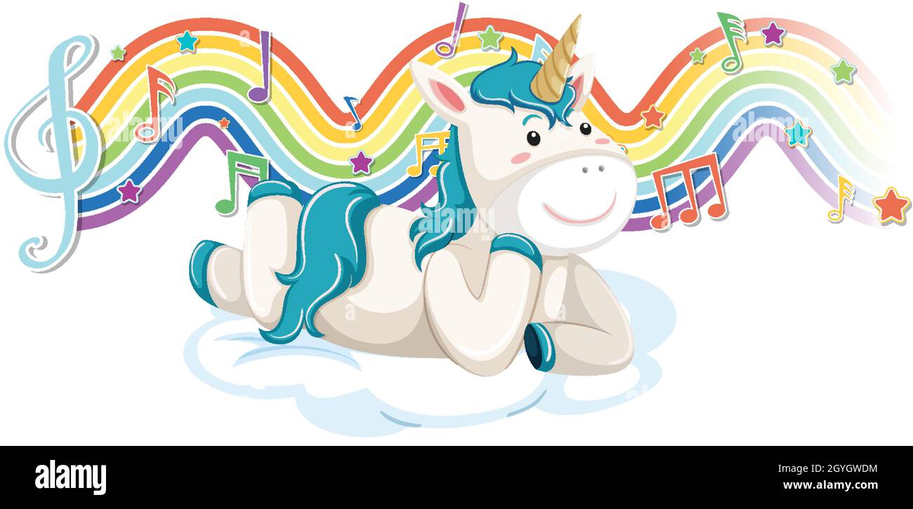 Unicorn laying on the cloud with melody symbols on rainbow wave ...