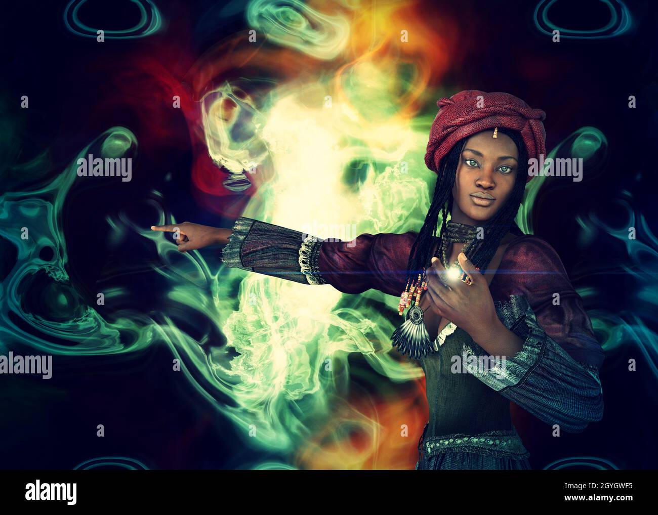 Voodoo shaman, african witch woman conjure, 3D illustration. Stock Photo