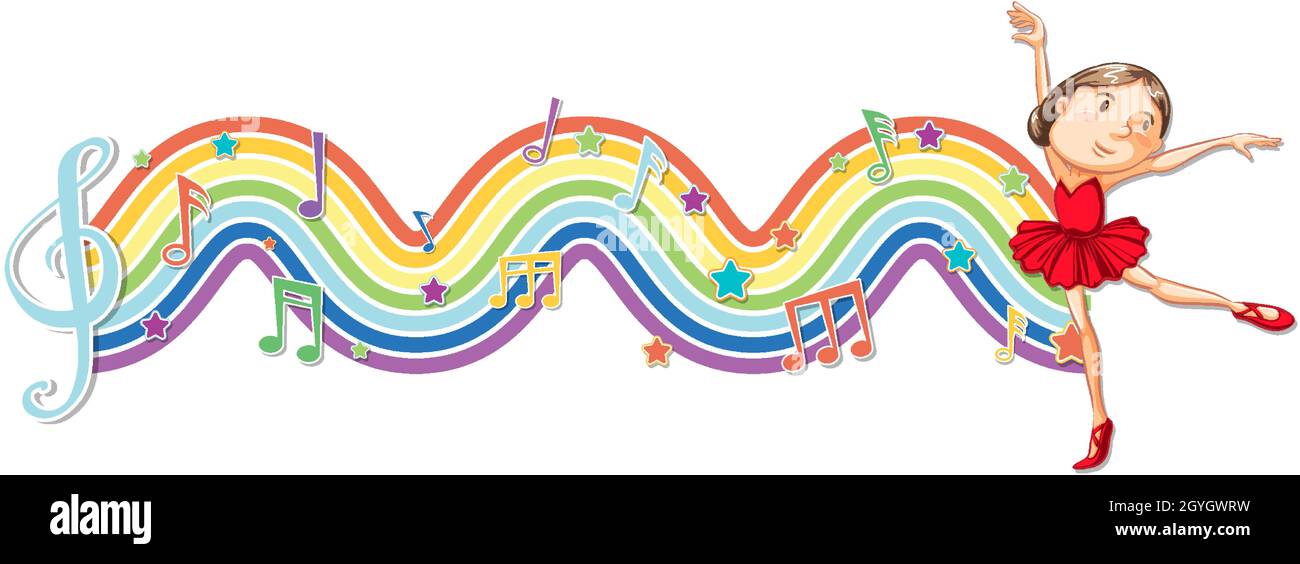 Ballerina with melody symbols on rainbow wave illustration Stock Vector ...
