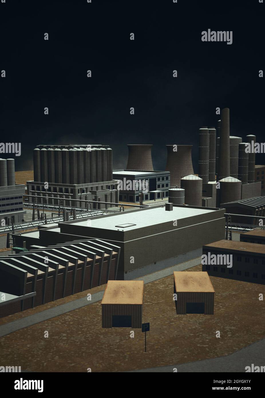 Digitally rendered 3D industrial zone buildings and dramatic sky