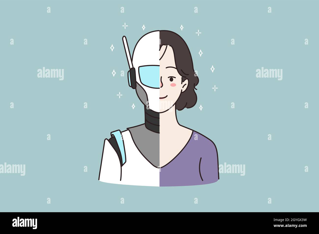 Profile portrait picture face of half robot half human. Woman cyborg and person on one photo. Artificial intelligence, futuristic virtual digital female model. Innovation. Flat vector illustration.  Stock Vector