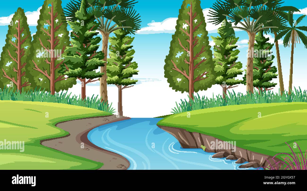 River through the forest scene at day time illustration Stock Vector ...