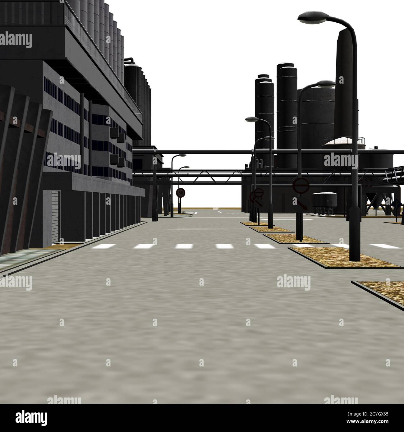 Digitally rendered 3D industrial zone buildings illustration Stock