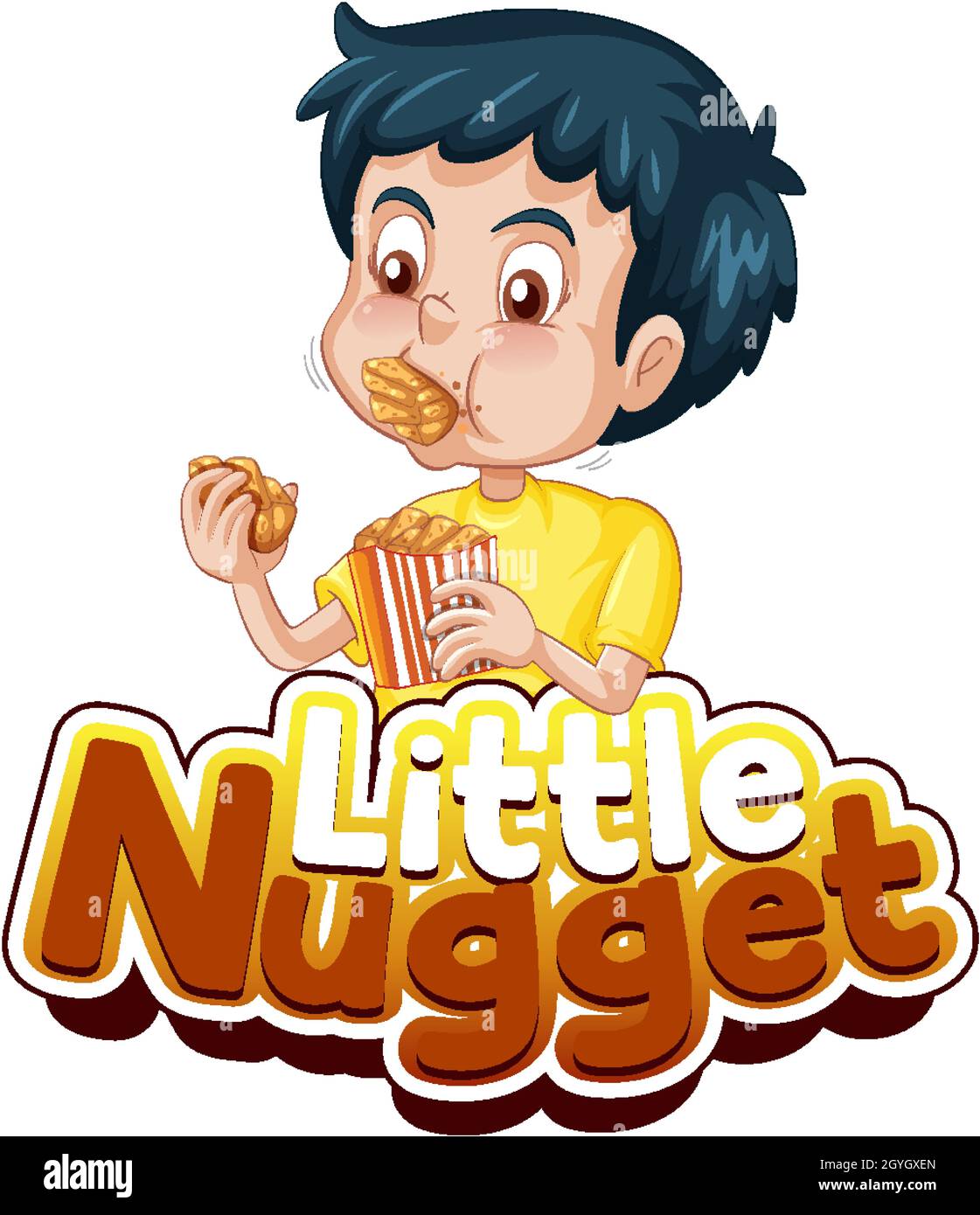 Little Nugget logo text design with a boy eating chicken nuggets
