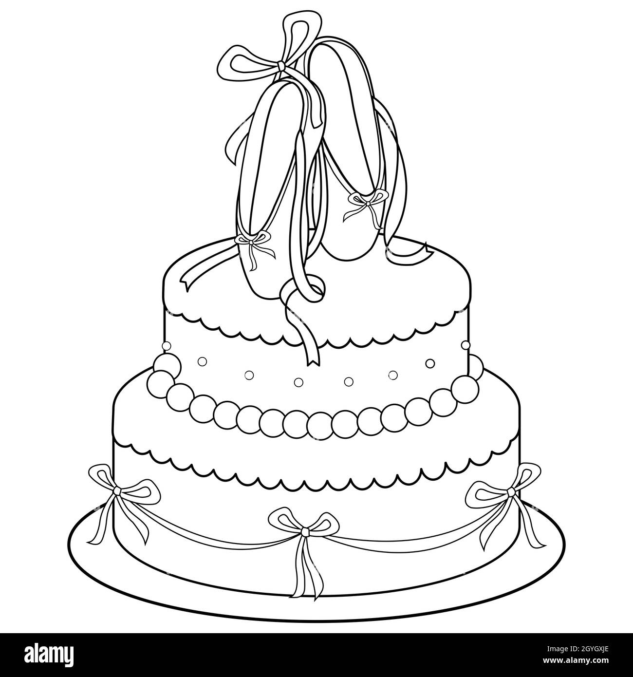 Birthday cake with ballet shoes. Black and white coloring page Stock Photo