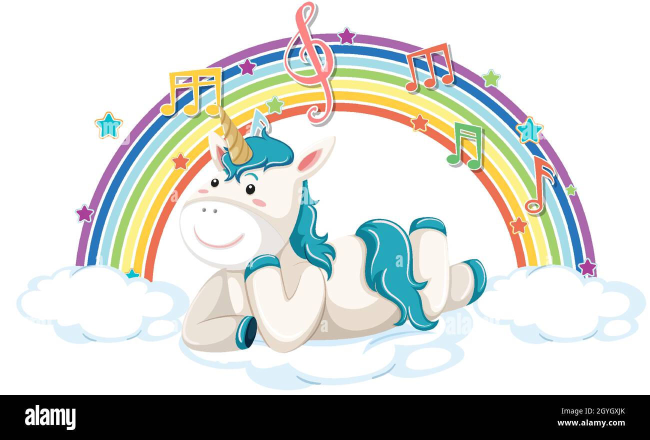 Unicorn laying on cloud with rainbow and melody symbol illustration ...
