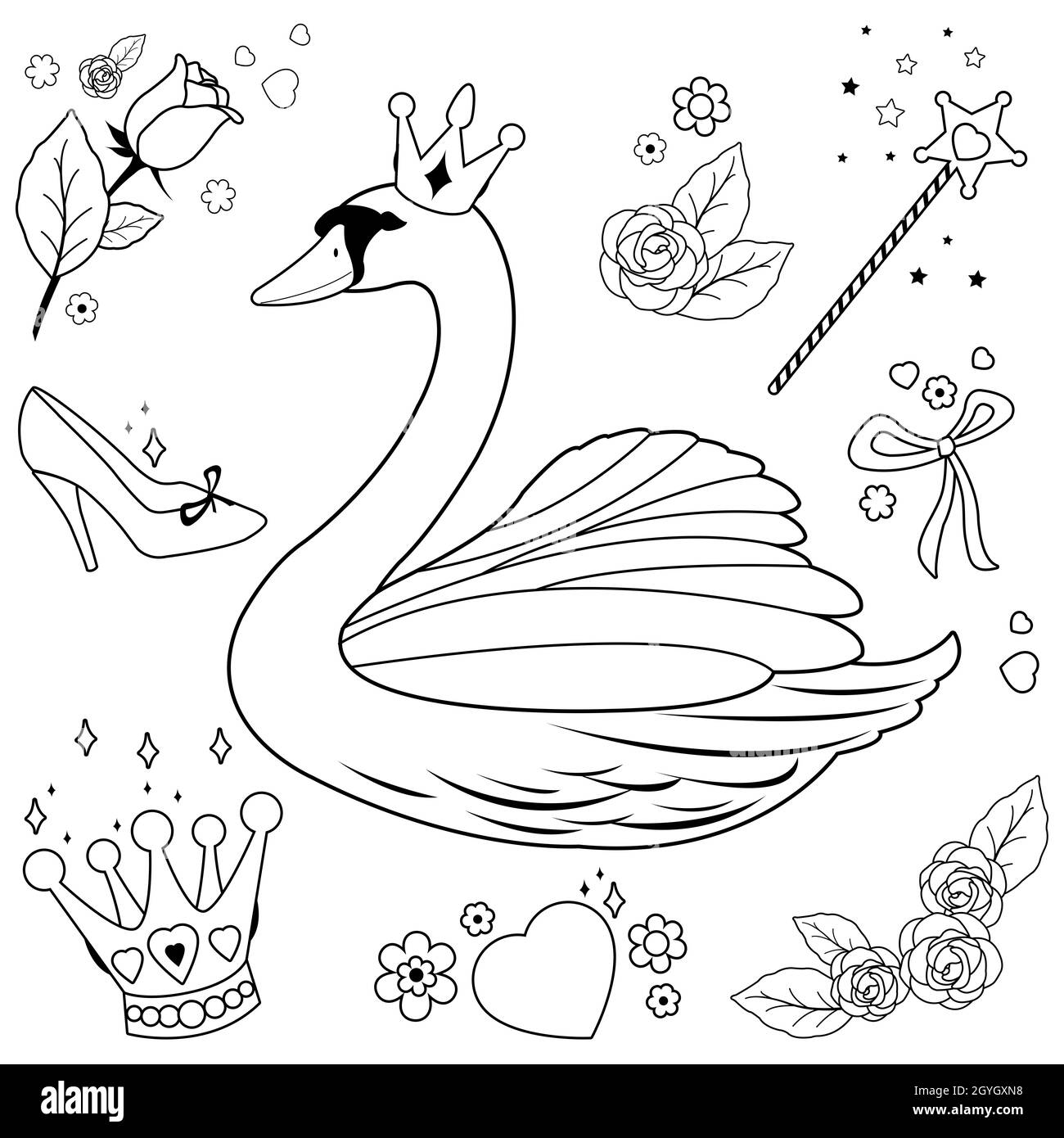 Swan princess fairy tale set. Black and white coloring page Stock ...
