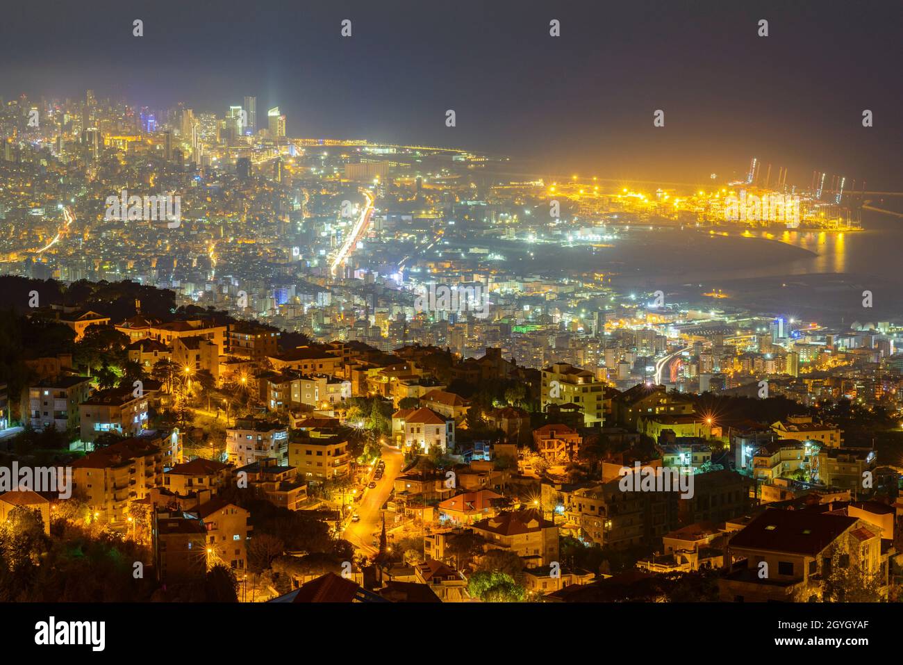 LEBANON, MOUNT LEBANON, BEIRUT AT NIGHT VIEW FROM BROUMMANA Stock Photo