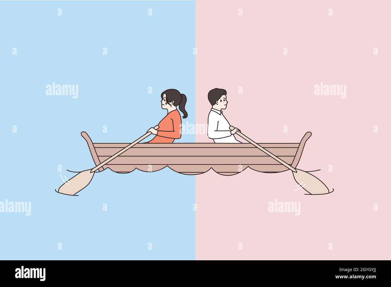 Man and woman in boat row in different direction, not reach goal. Stubborn couple in ship sail in opposite way. Getting nowhere concept. Conflict of interest, breakup, split. Flat vector illustration. Stock Vector