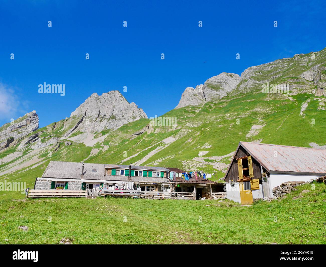 Altenalp in Alpstein on a sunny day. Appenzell, Switzerland. Stock Photo