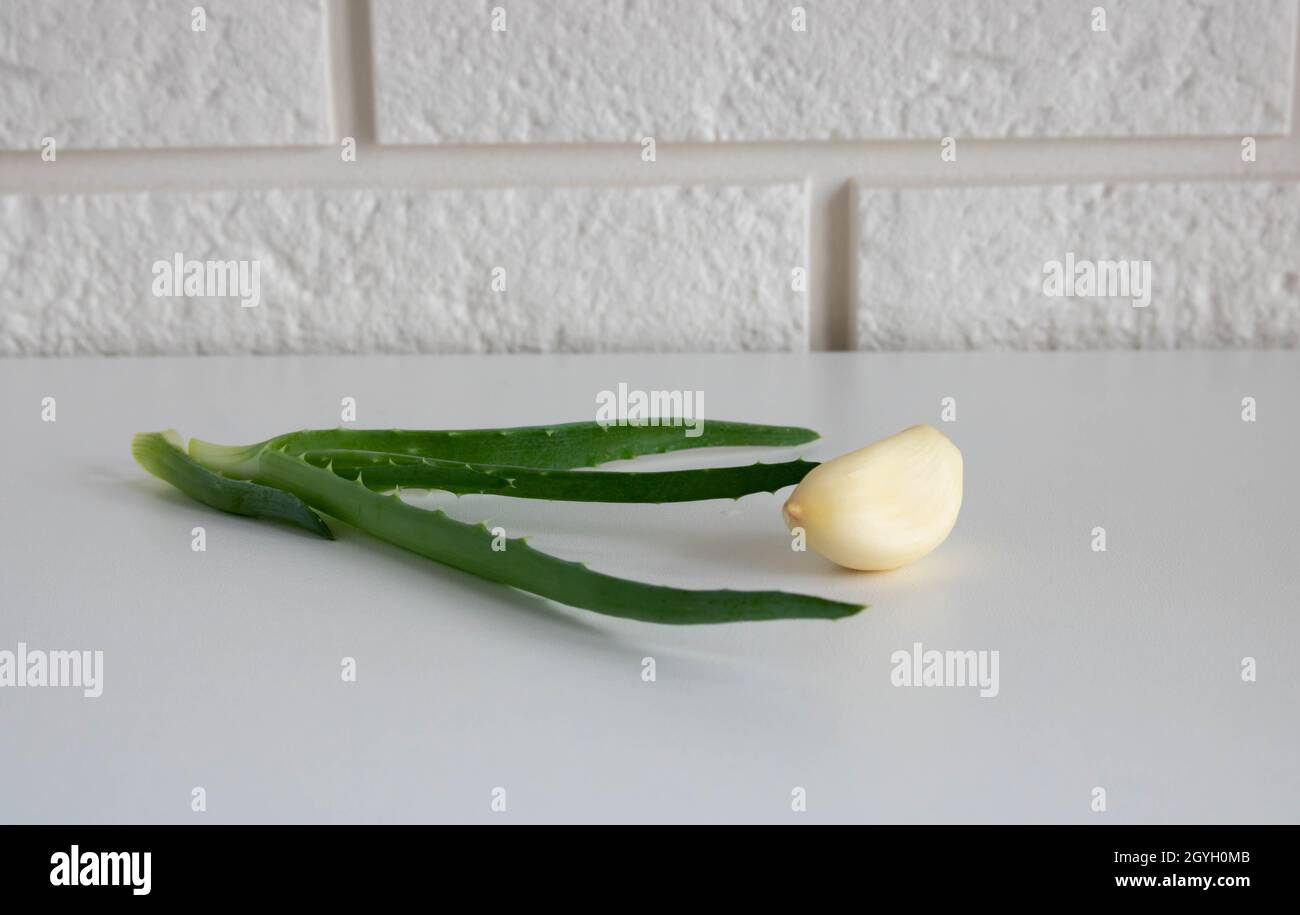 Garlic and aloe on a wooden white surface. The concept of alternative medicine. Stock Photo