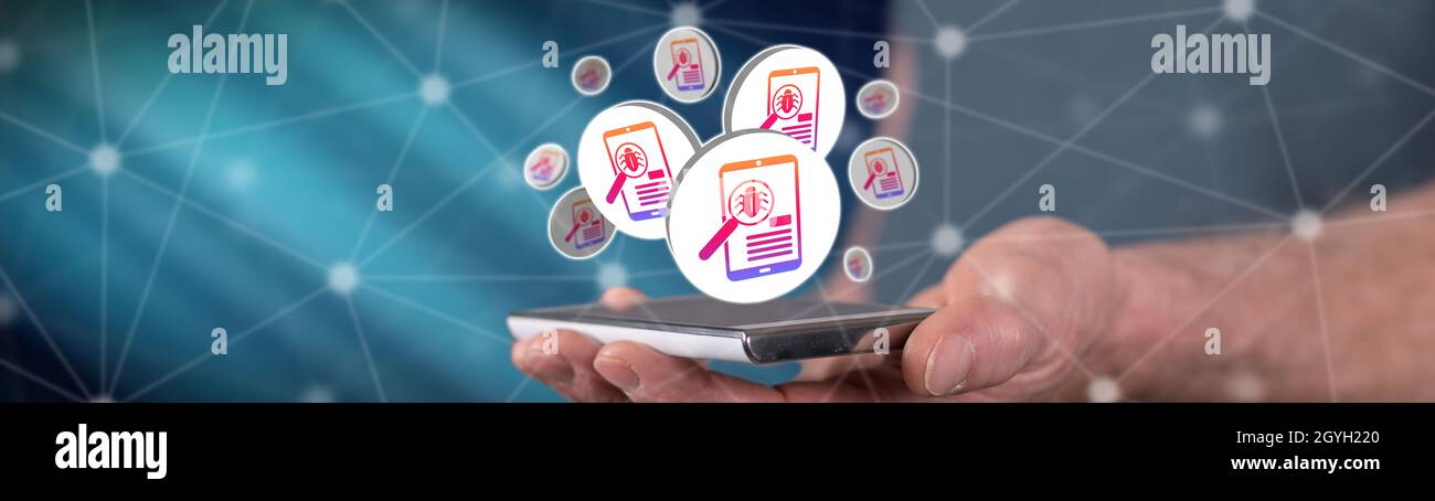 Software testing concept above a smartphone held by a man Stock Photo ...