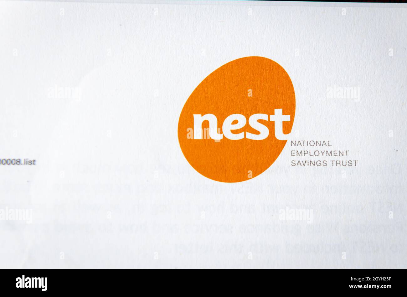 The government sponsored Nest work pension provider where employees are encouraged to contribute an amount of earning to provide for retirement. Stock Photo